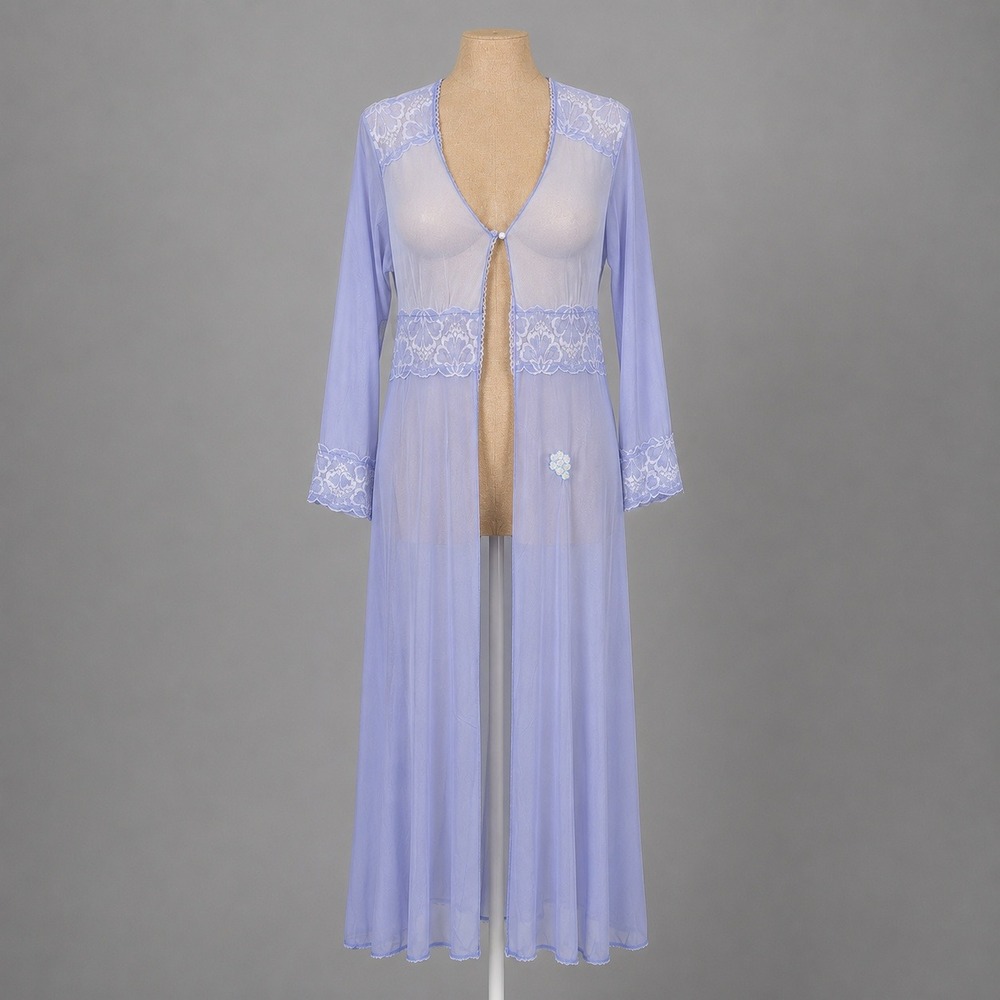 Vintage 80s Sheer Floral Fairy Lace Maxi Cardigan Robe Size L Purple Romantic
